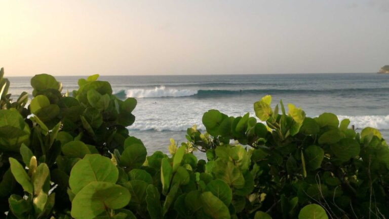 plage de surf avec couché de soleil